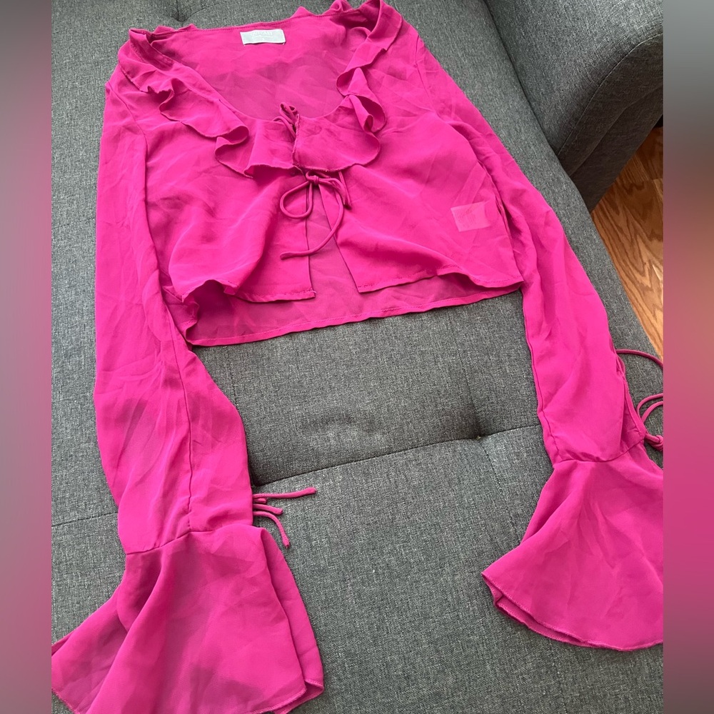 Elegant Fuchsia Ruffle Tie-Front Blouse - Picture 3 of 3